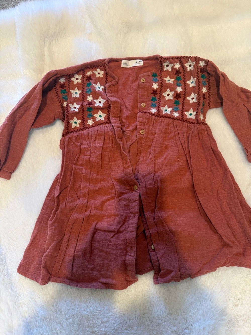 Zara Girls Rust Red Embroidered Button-Front Dress